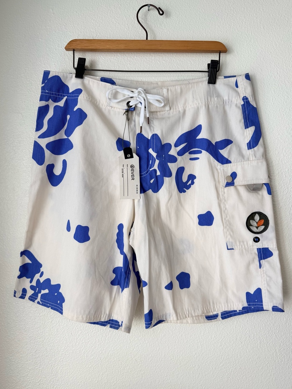 NWT EVER Brand Surf Sample Board Shorts Made in USA Blue Off White Canvas 34